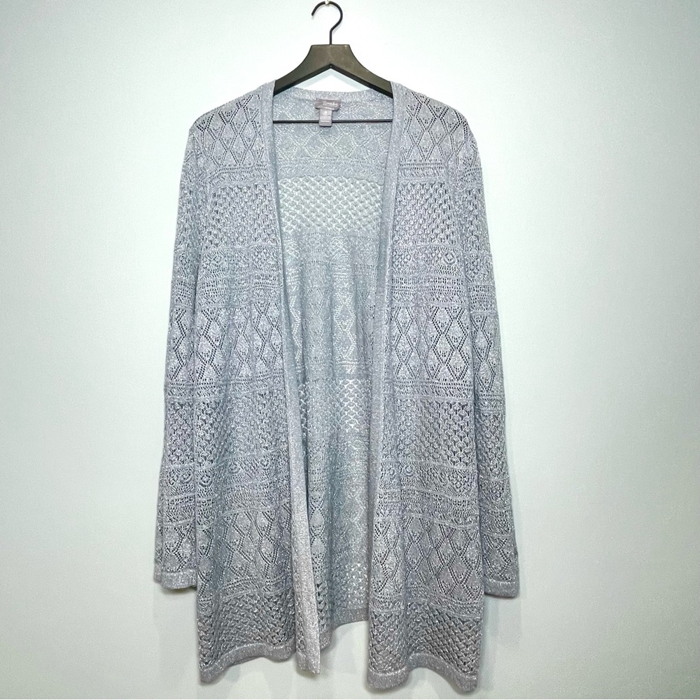CHICO'S Travelers Collection Long Crochet Silver Gray Cardigan Size 3 (US 16 XL)